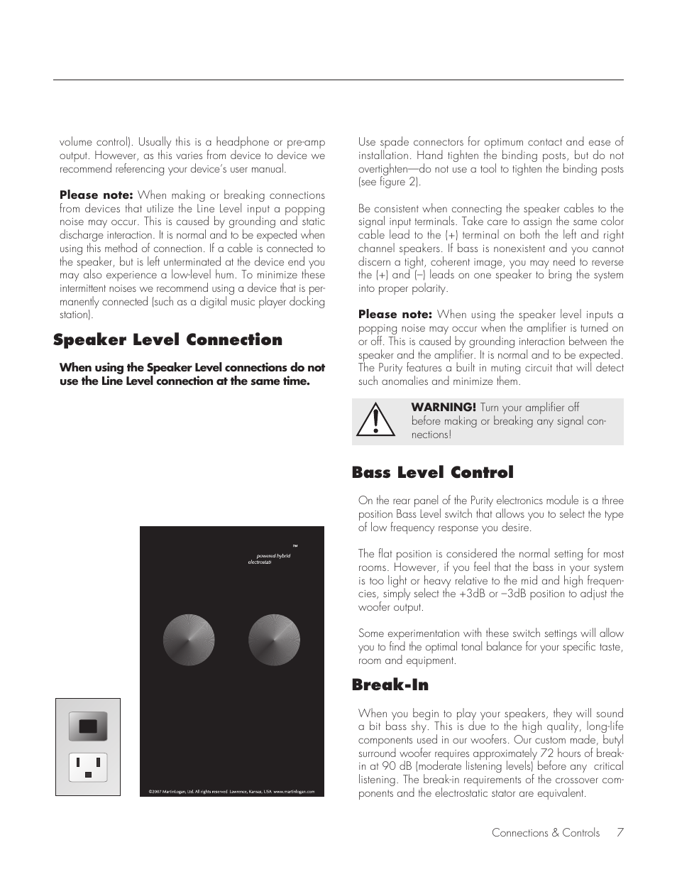 Speaker level connection, Bass level control, Break-in | MartinLogan Purity Fully Powered Hybrid Electrostatic Loudspeaker User Manual | Page 7 / 28
