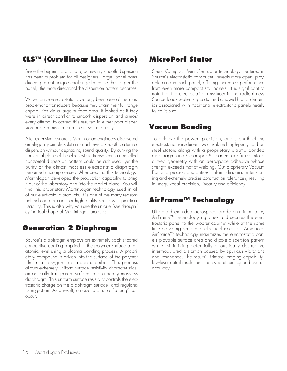 Cls™ (curvilinear line source), Generation 2 diaphragm, Microperf stator | Vacuum bonding, Airframe™ technology | MartinLogan Source Speakers User Manual | Page 16 / 28