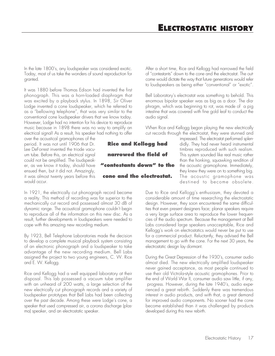 Electrostatic history, Lectrostatic, History | MartinLogan Source Speakers User Manual | Page 17 / 28