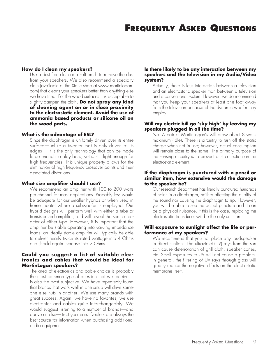 Requently, Sked, Uestions | MartinLogan Source Speakers User Manual | Page 19 / 28