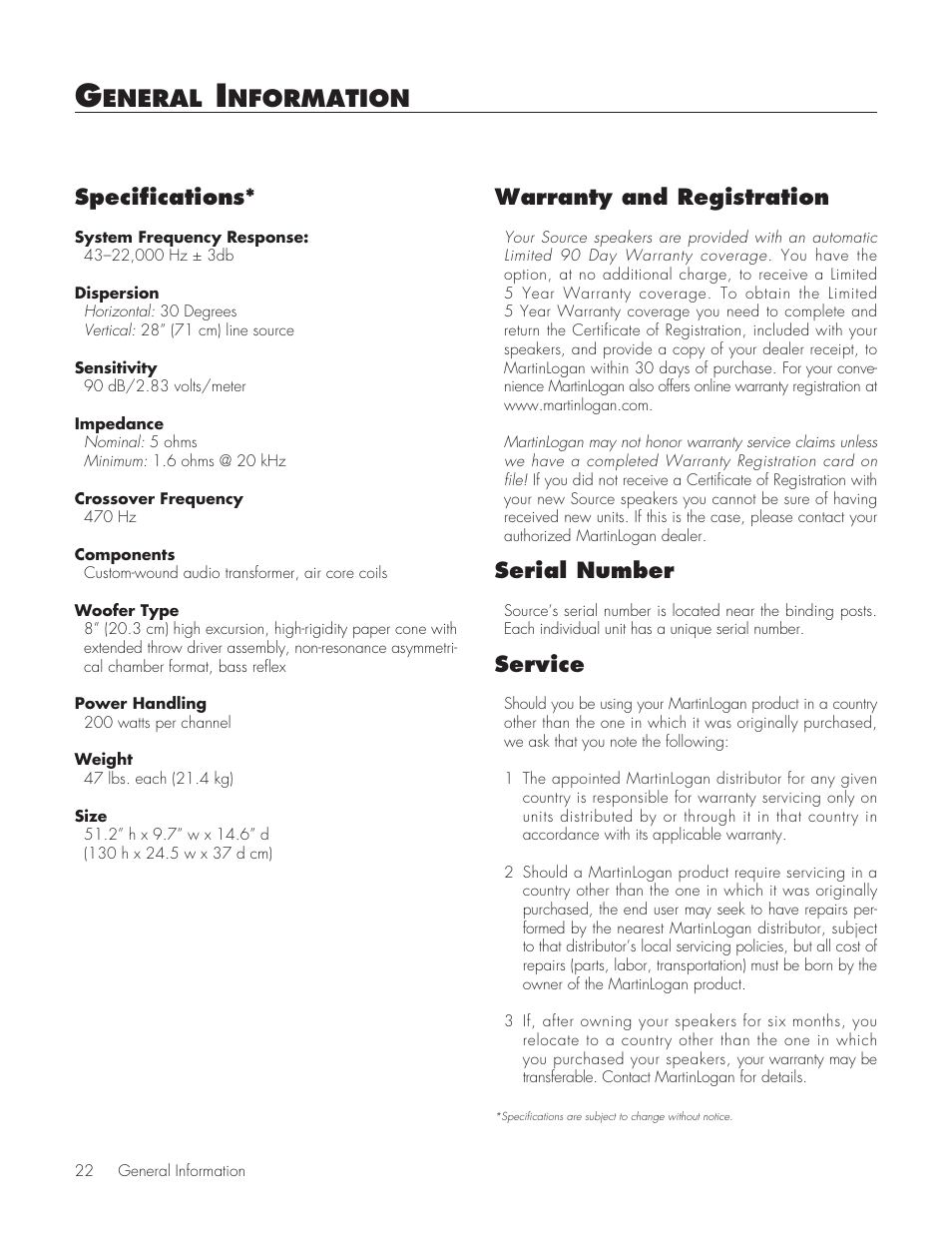 General information, Specifications, Warranty and registration | Serial number, Service, Eneral, Nformation, Specifications* warranty and registration | MartinLogan Source Speakers User Manual | Page 22 / 28
