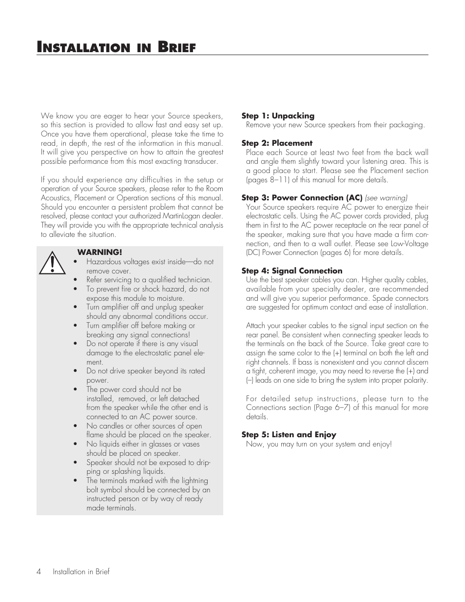 Installation in brief, Nstallation, Rief | MartinLogan Source Speakers User Manual | Page 4 / 28