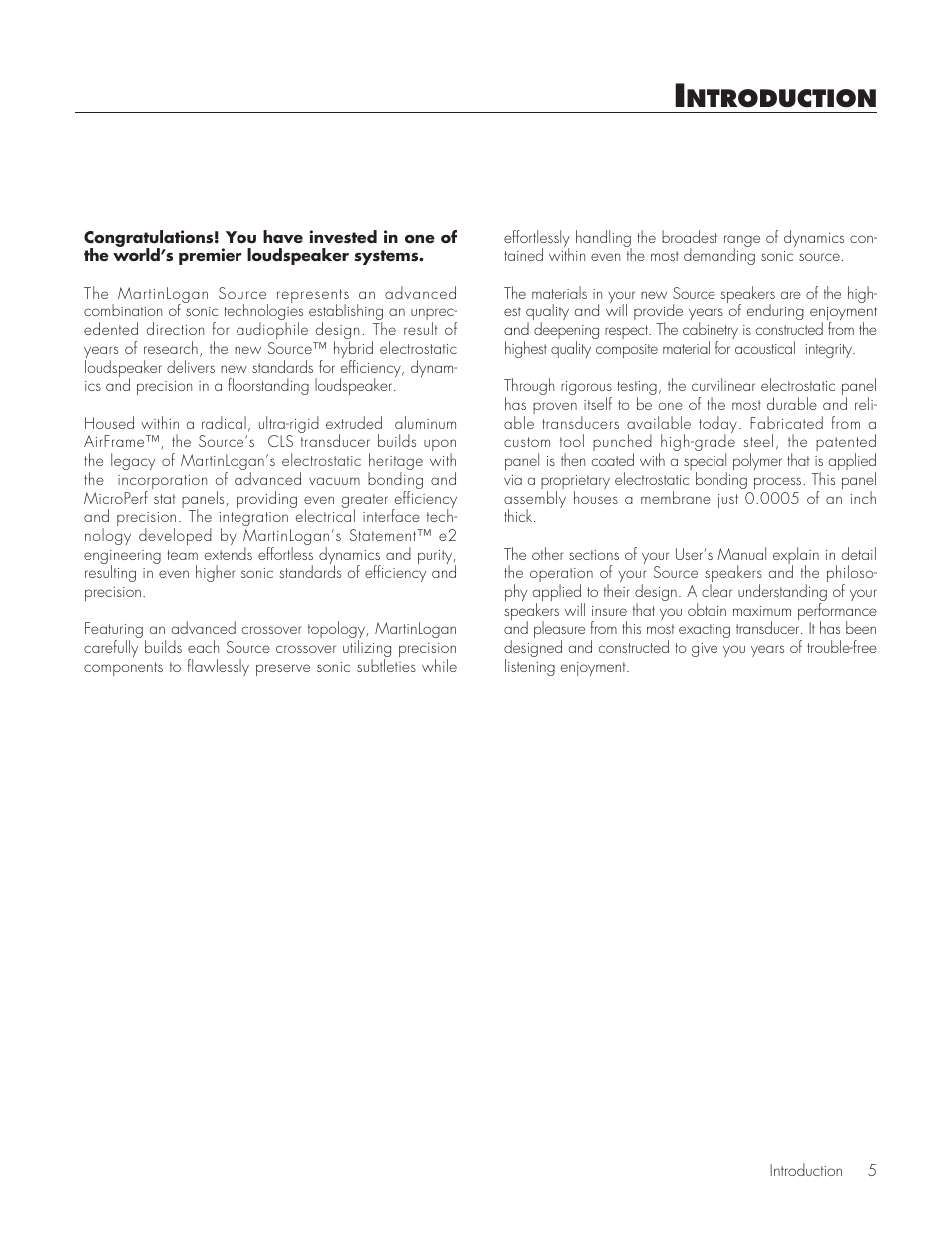 Introduction, Ntroduction | MartinLogan Source Speakers User Manual | Page 5 / 28
