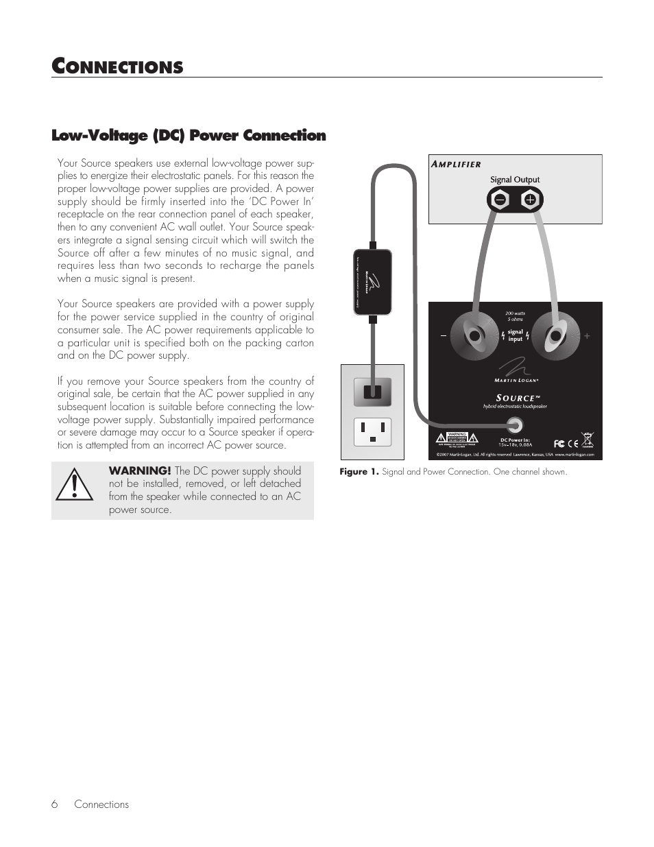 Connections, Low-voltage (dc) power connection, Onnections | MartinLogan Source Speakers User Manual | Page 6 / 28
