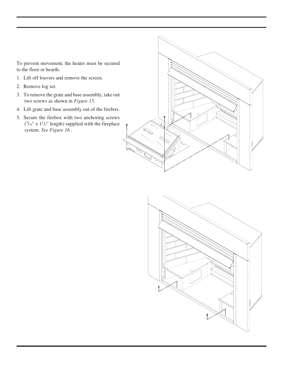 Securing heater to floor | MartinLogan VENT-FREE FIREPLACE SYSTEMS 33ISDG User Manual | Page 15 / 40