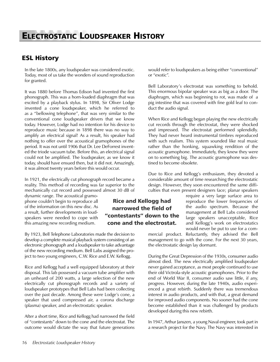 Electrostatic loudspeaker history, Lectrostatic, Oudspeaker | Istory, Esl history | MartinLogan pmn User Manual | Page 16 / 24