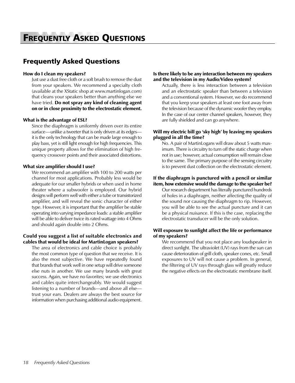 Faq's, Requently, Sked | Uestions, Frequently asked questions | MartinLogan pmn User Manual | Page 18 / 24