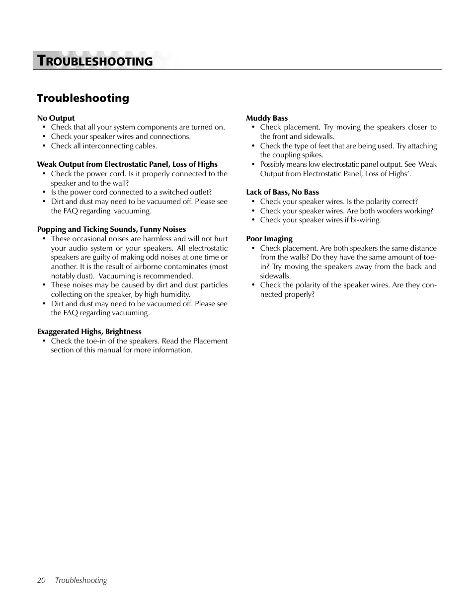 Troubleshooting, General information, Specifications | Warranty and registration, Service, Serial numbers, Roubleshooting | MartinLogan pmn User Manual | Page 20 / 24