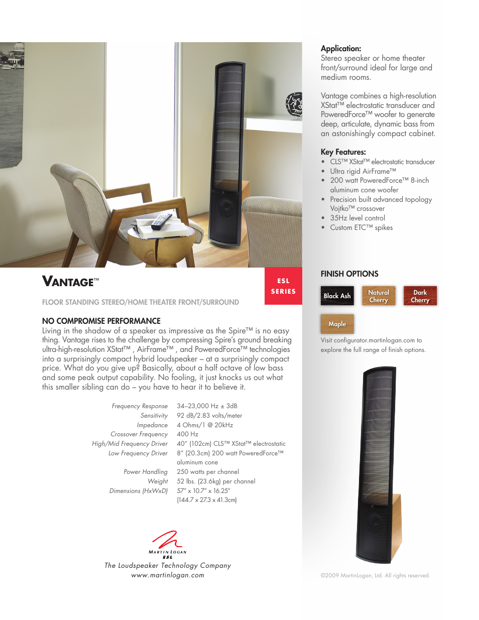 MartinLogan Vantage Floor Standing Stereo/Home Theater Front/Surround User Manual | 1 page