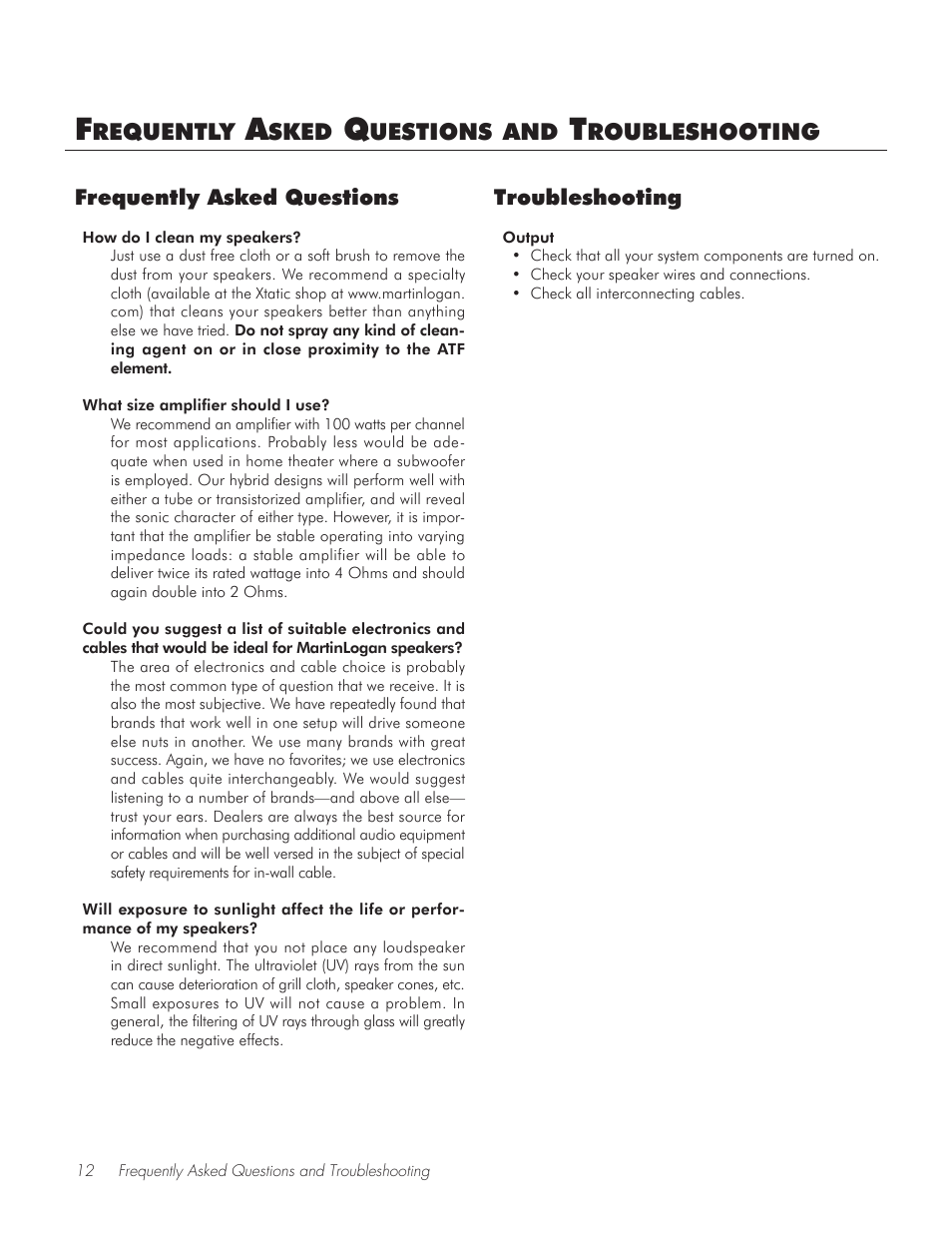 Frequently asked questions, Troubleshooting | MartinLogan PASSAGE TM User Manual | Page 12 / 16