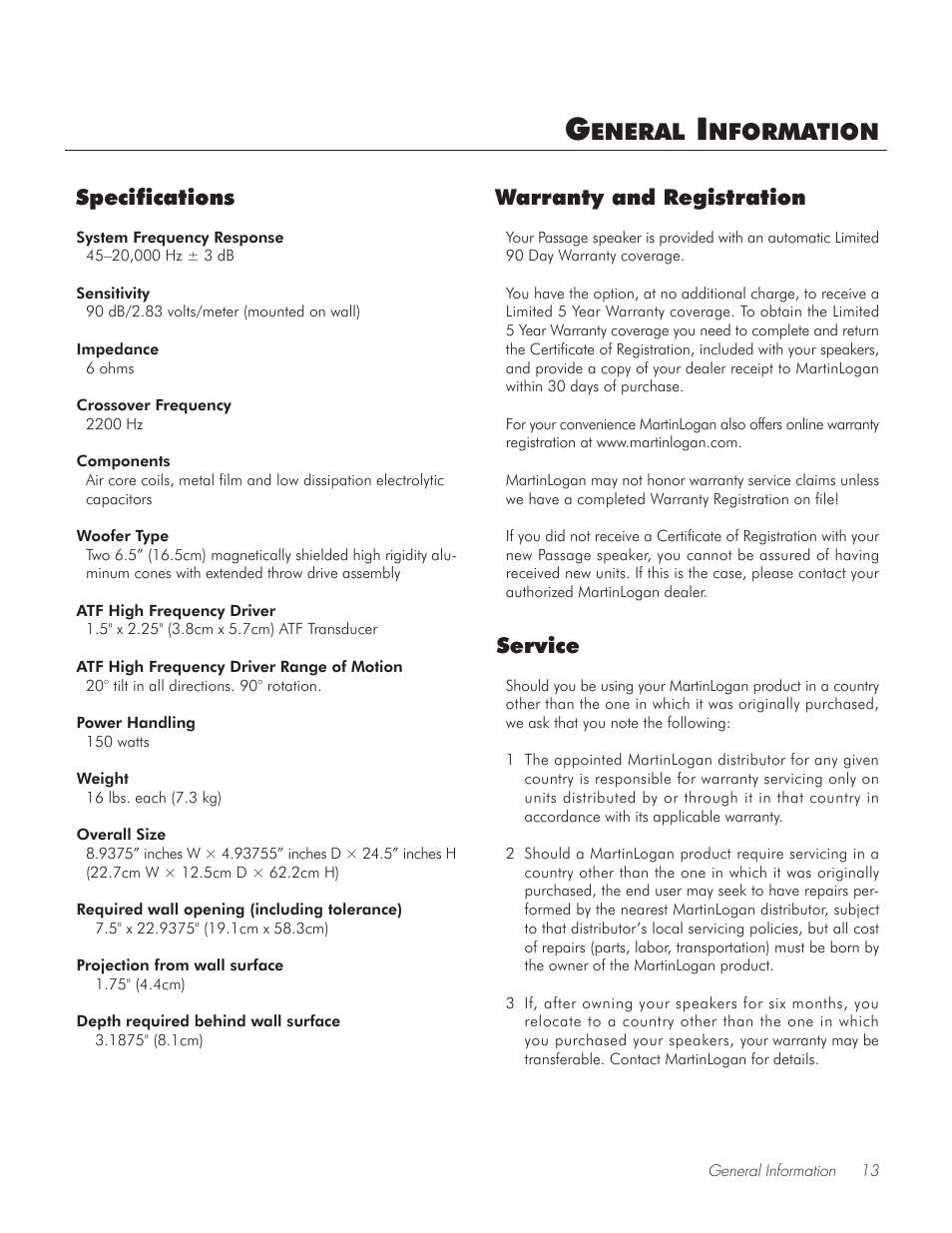 General information, Specifications, Service | Warranty and registration, Eneral, Nformation, Warranty and registration specifications | MartinLogan PASSAGE TM User Manual | Page 13 / 16