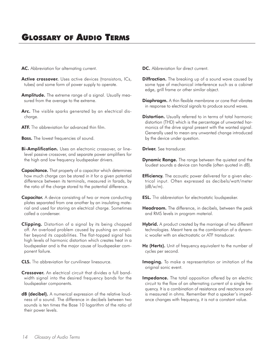 Glossary of audio terms, Lossary, Udio | Erms | MartinLogan PASSAGE TM User Manual | Page 14 / 16