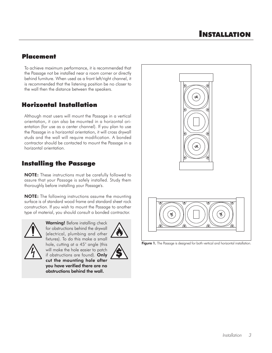 Installation, Placement, Horizontal installation | Installing the passage, Nstallation | MartinLogan PASSAGE TM User Manual | Page 3 / 16