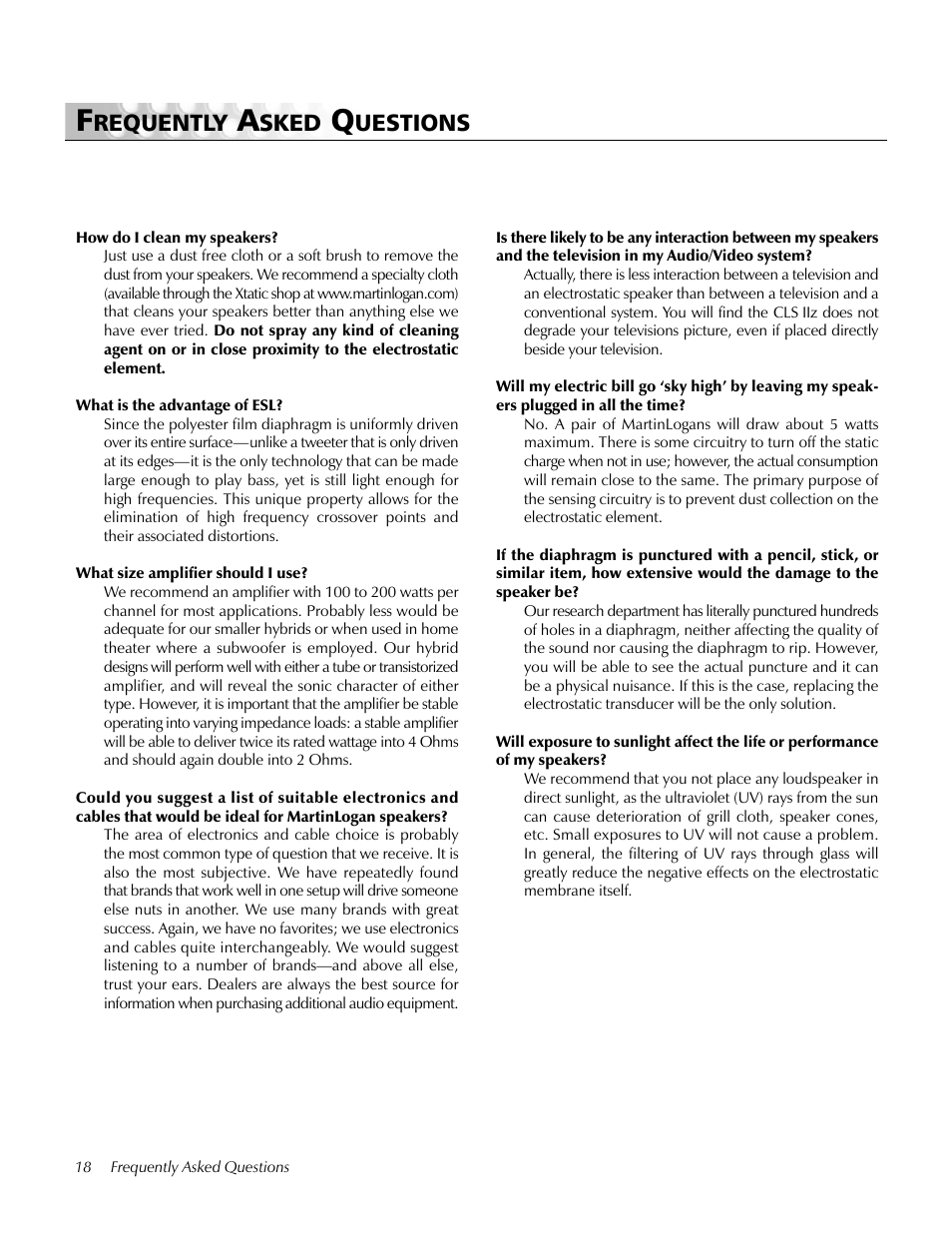 Frequently asked questions, Requently, Sked | Uestions | MartinLogan CLS IIz User Manual | Page 18 / 24