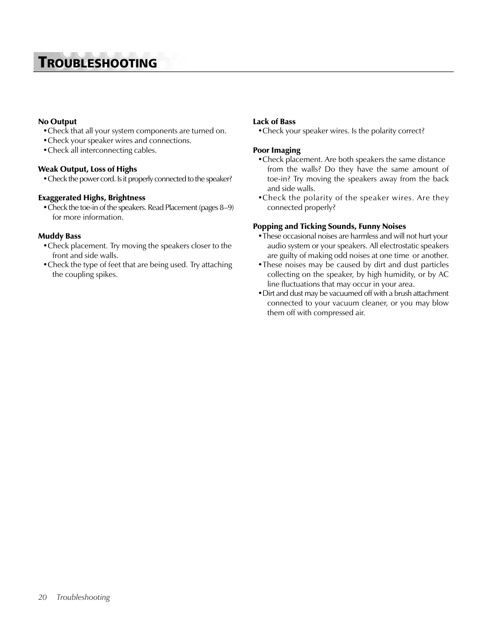 Troubleshooting, Roubleshooting | MartinLogan CLS IIz User Manual | Page 20 / 24