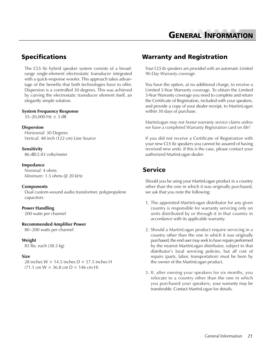General information, Specifications, Warranty and registration | Service, Eneral, Nformation, Warranty and registration specifications | MartinLogan CLS IIz User Manual | Page 21 / 24