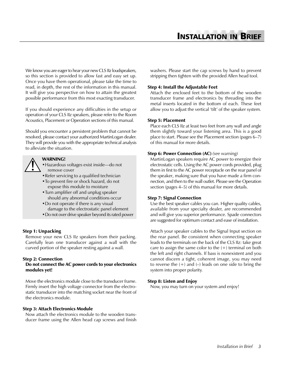 Installation in brief, Nstallation in, Rief | MartinLogan CLS IIz User Manual | Page 3 / 24
