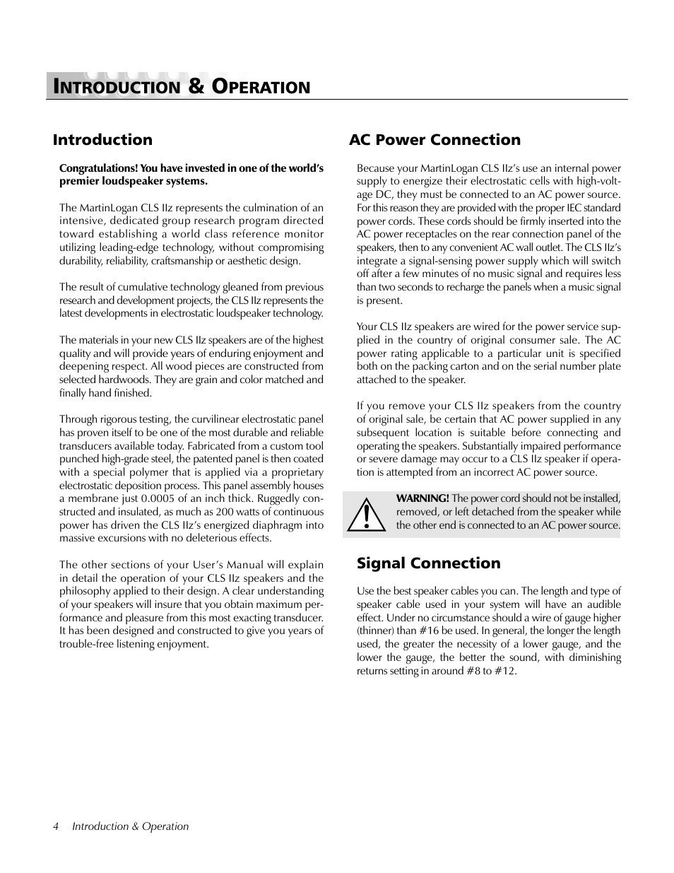 Introduction and operation, Introduction, Ac power connection | Signal connection, Ntroduction, Peration, Ac power connection introduction | MartinLogan CLS IIz User Manual | Page 4 / 24