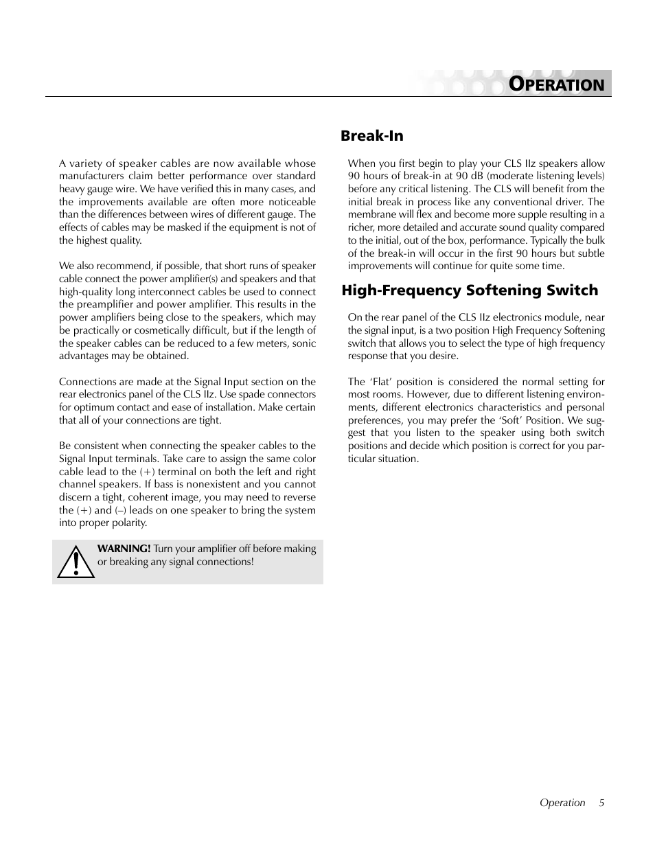 Break-in, High-frequency softening switch, Peration | MartinLogan CLS IIz User Manual | Page 5 / 24