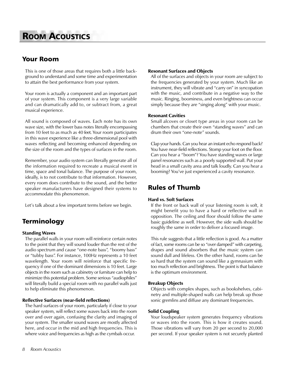 Room acoustics, Your room, Terminology | Rules of thumb, Coustics | MartinLogan CLS IIz User Manual | Page 8 / 24