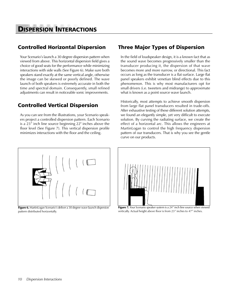 Dispersion interactions, Controlled horizontal dispersion, Controlled vertical dispersion | Three major types of dispersion, Ispersion, Nteractions | MartinLogan Loudspeaker Systems User Manual | Page 10 / 24