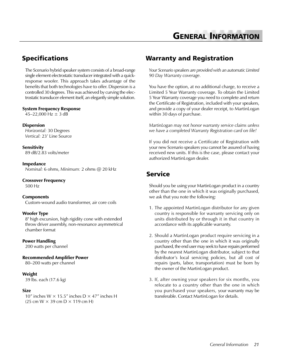 General information, Specifications, Warranty and registration | Service, Eneral, Nformation, Warranty and registration specifications | MartinLogan Loudspeaker Systems User Manual | Page 21 / 24