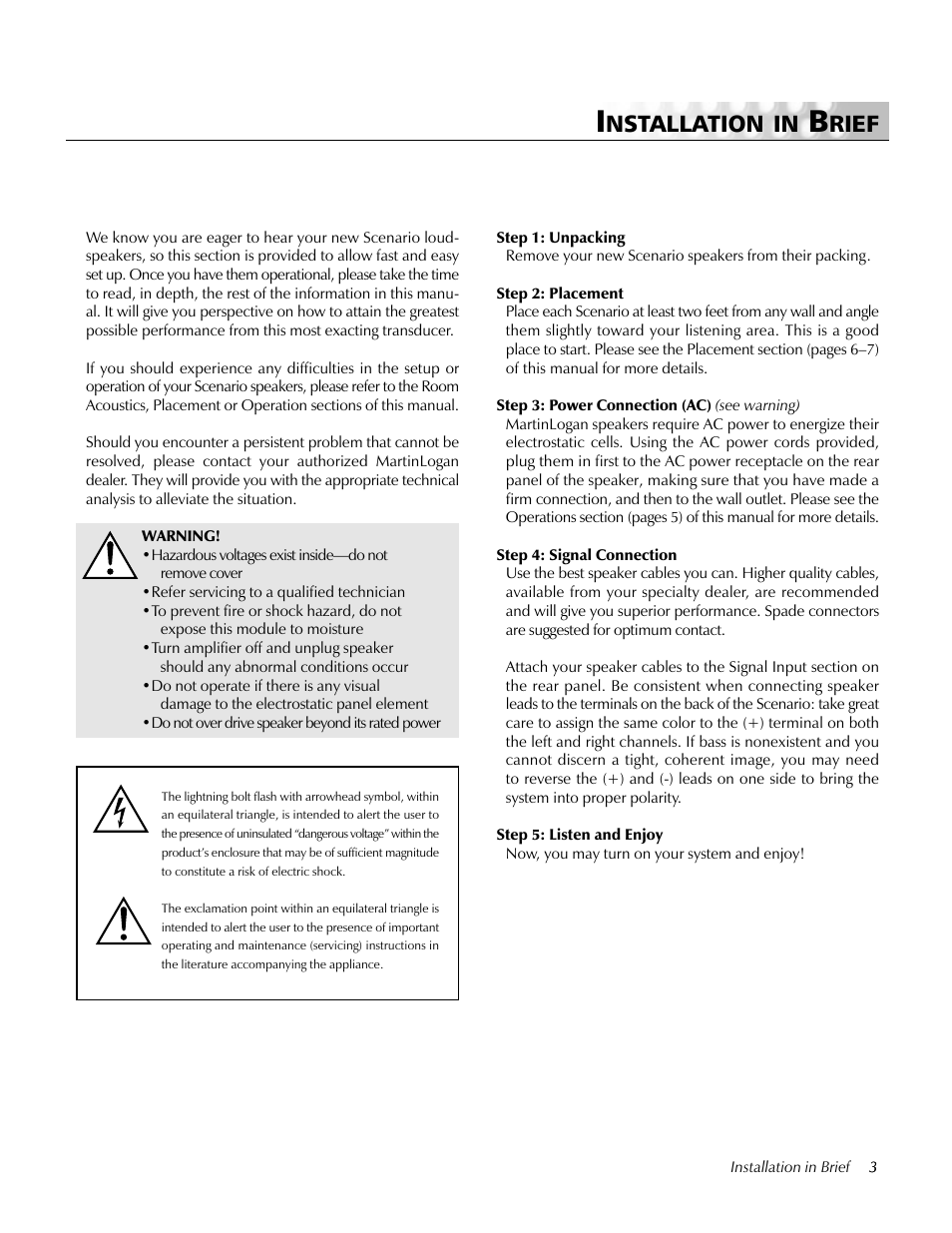 Installation in brief, Nstallation in, Rief | MartinLogan Loudspeaker Systems User Manual | Page 3 / 24