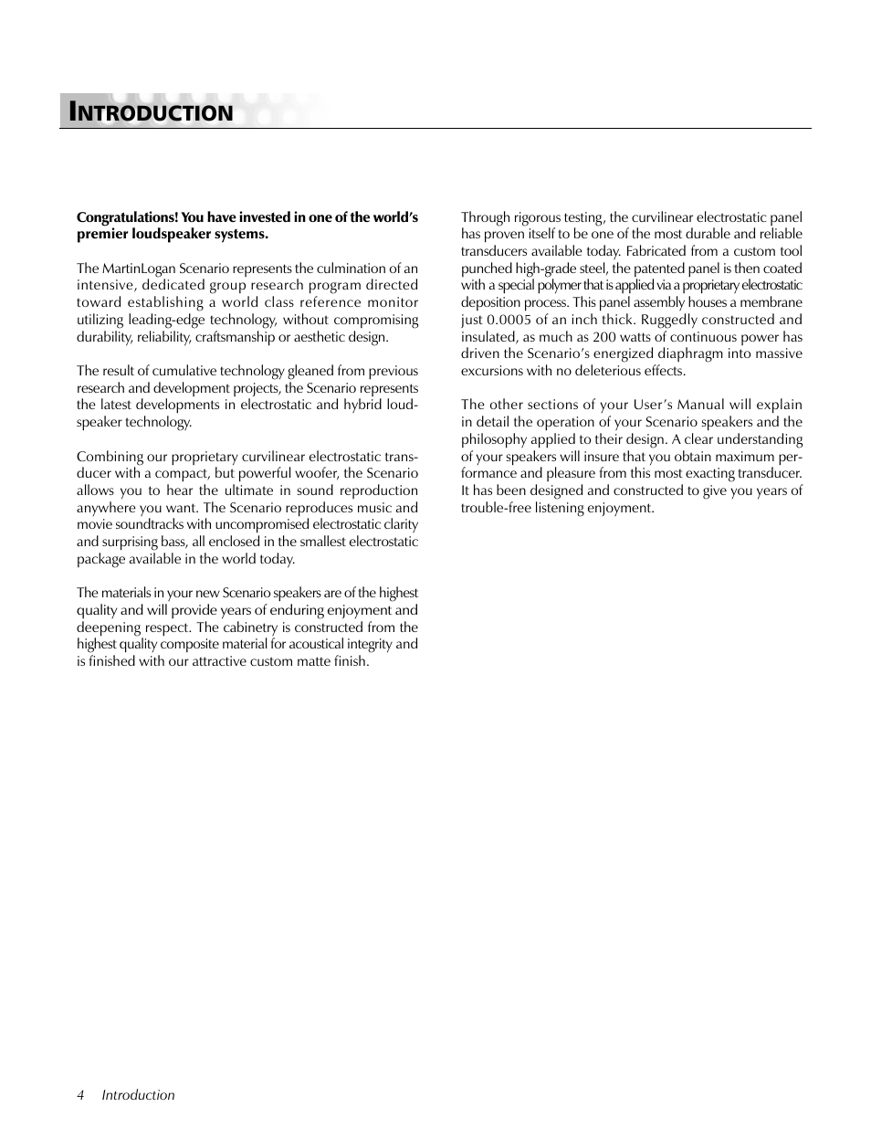Introduction, Ntroduction | MartinLogan Loudspeaker Systems User Manual | Page 4 / 24