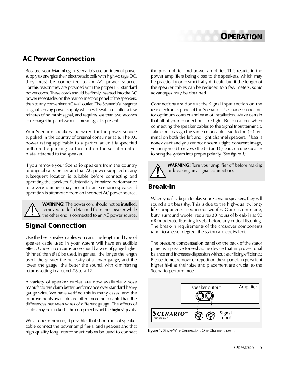 Operation, Ac power connection, Signal connection | Break-in, Peration | MartinLogan Loudspeaker Systems User Manual | Page 5 / 24