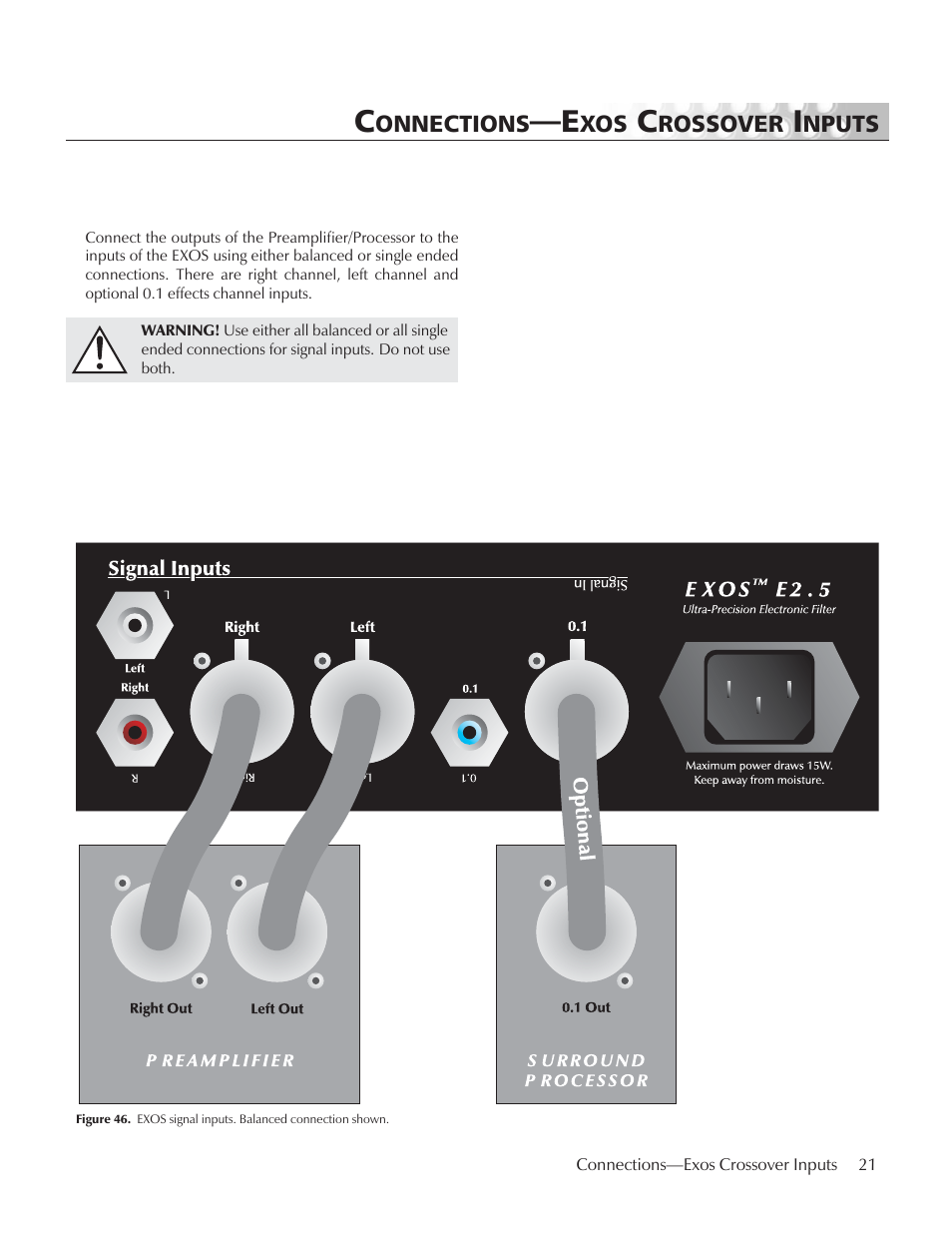Connections—exos crossover inputs | MartinLogan E2 User Manual | Page 21 / 32