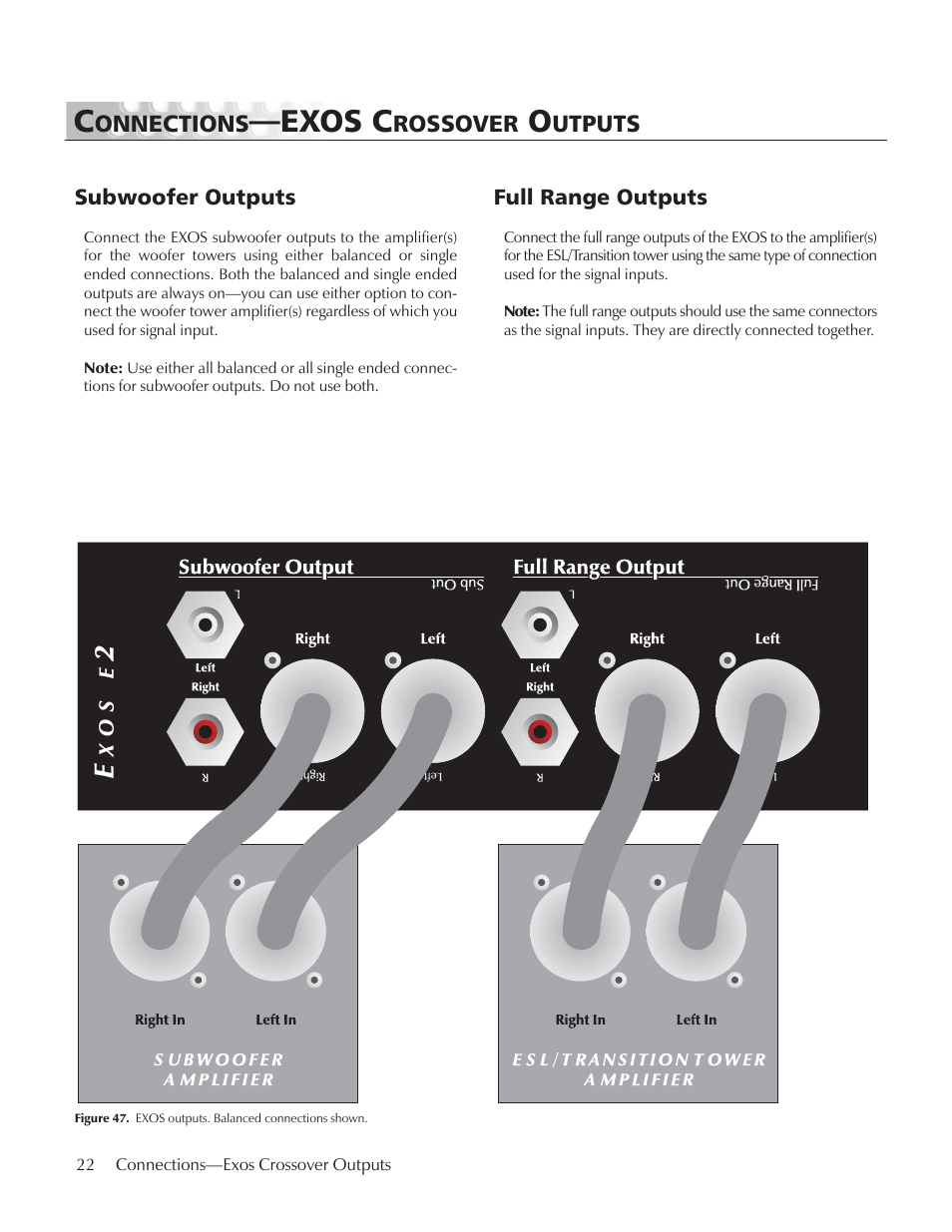 Connections—exos crossover outputs, Exos c, Onnections | Rossover, Utputs | MartinLogan E2 User Manual | Page 22 / 32