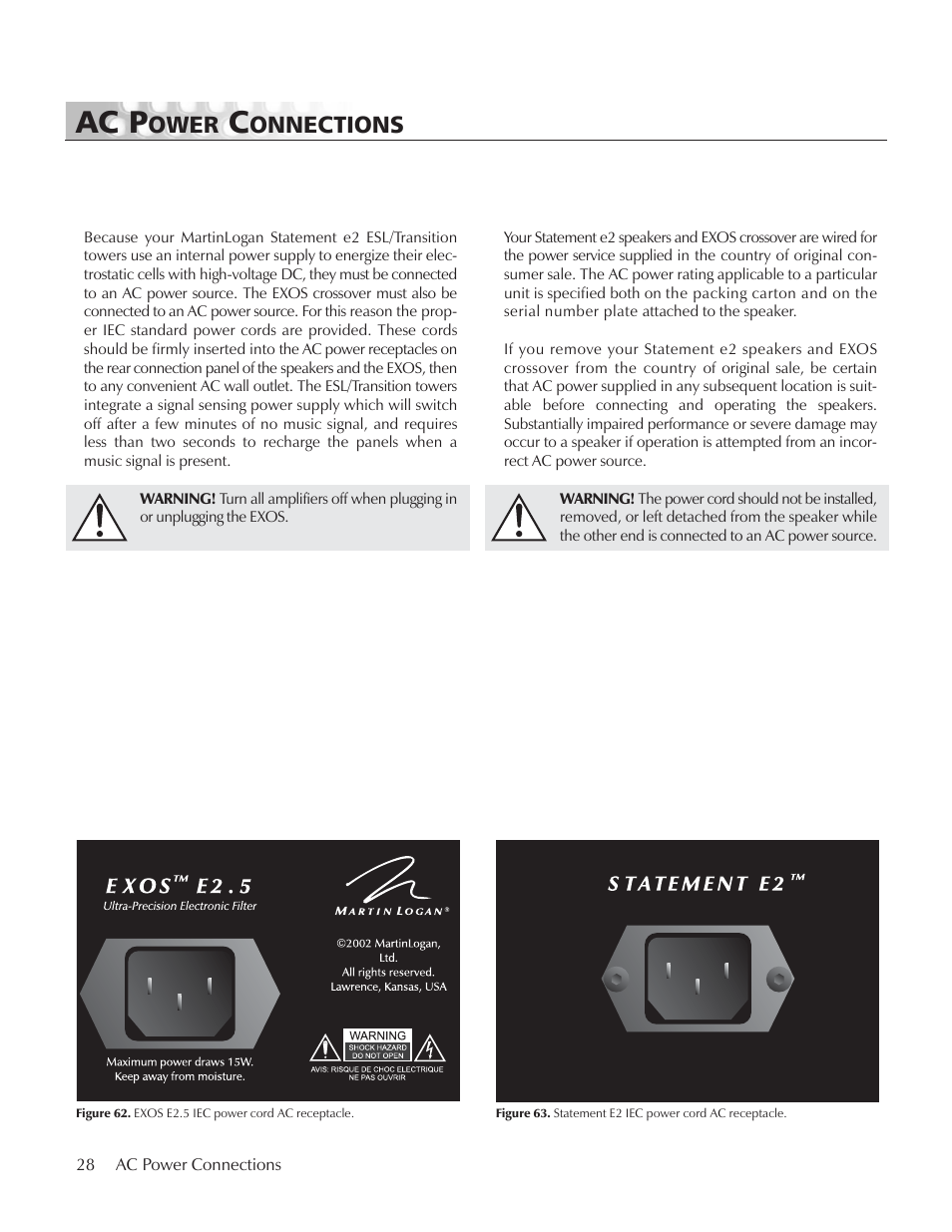 Ac power connections, Ac p, Ower | Onnections | MartinLogan E2 User Manual | Page 28 / 32