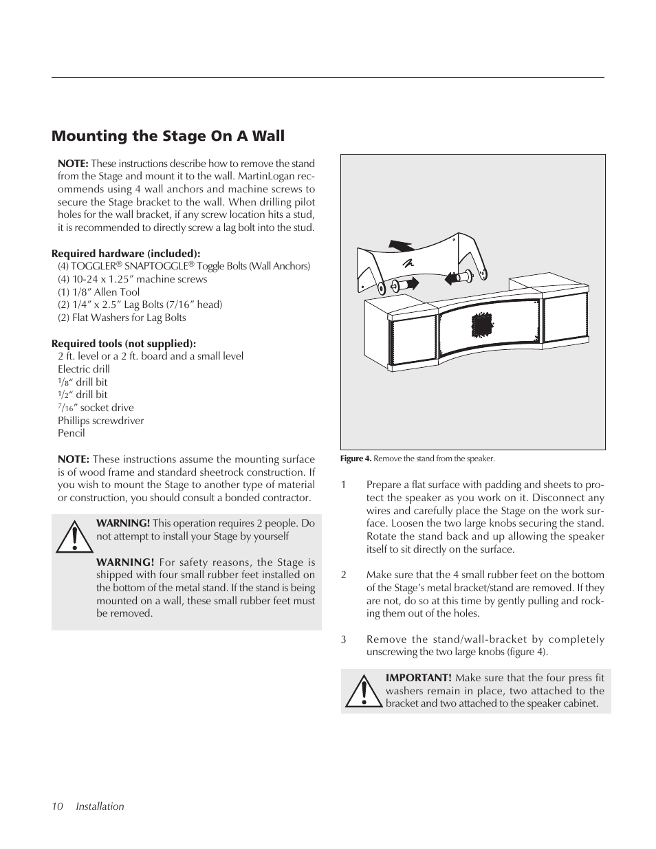 Mounting the stage on a wall | MartinLogan STAGECenter Channel Speaker User Manual | Page 10 / 28