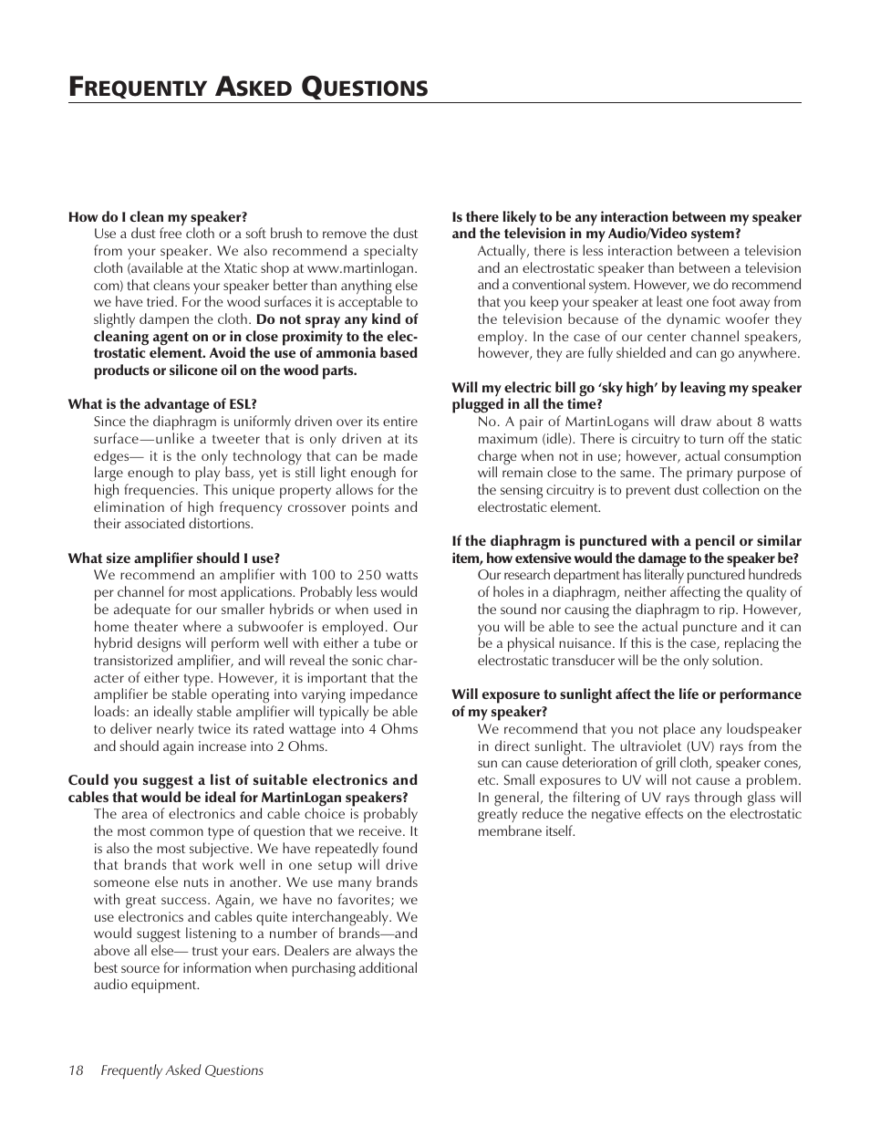 Requently, Sked, Uestions | MartinLogan STAGECenter Channel Speaker User Manual | Page 18 / 28