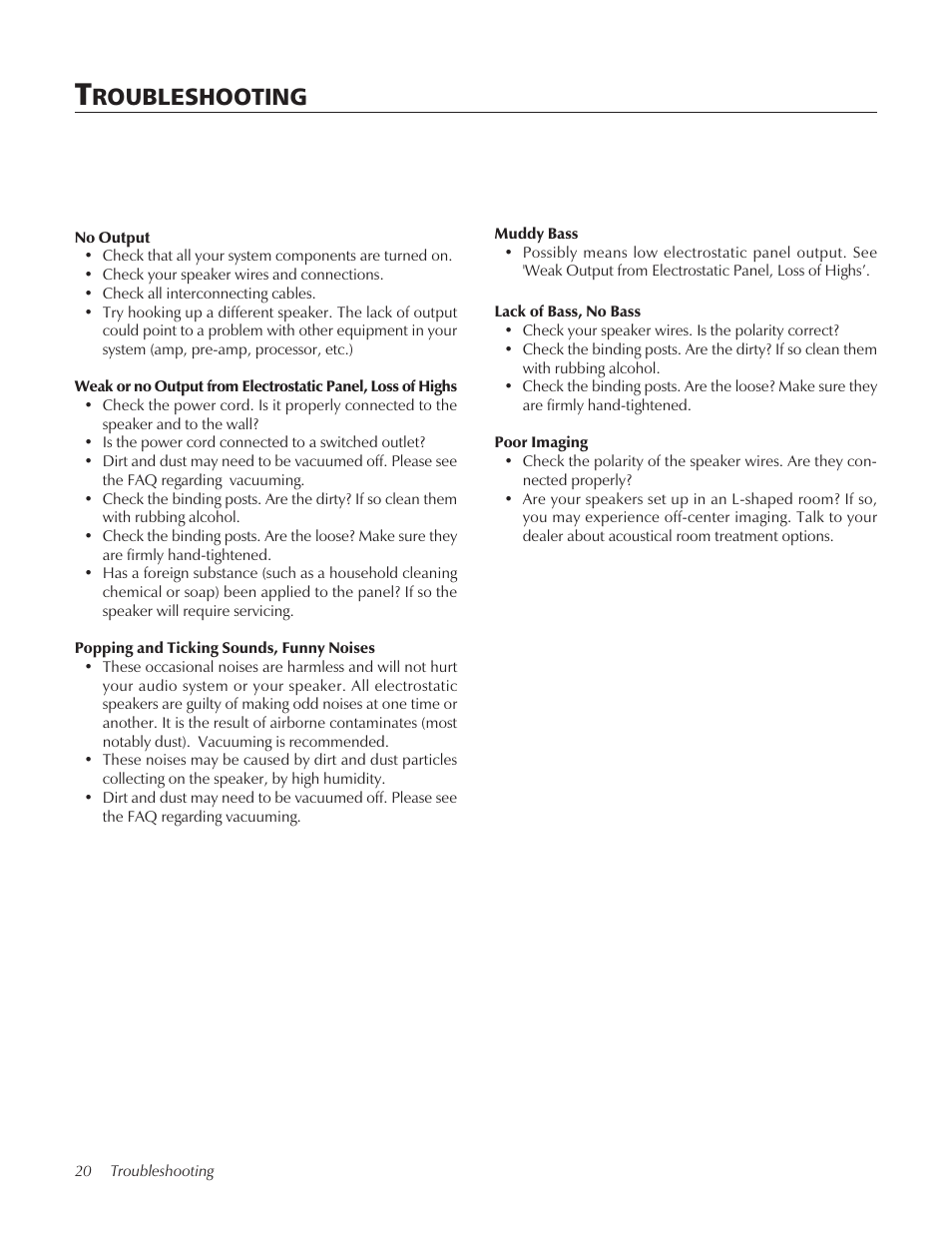 Troubleshooting, Roubleshooting | MartinLogan STAGECenter Channel Speaker User Manual | Page 20 / 28