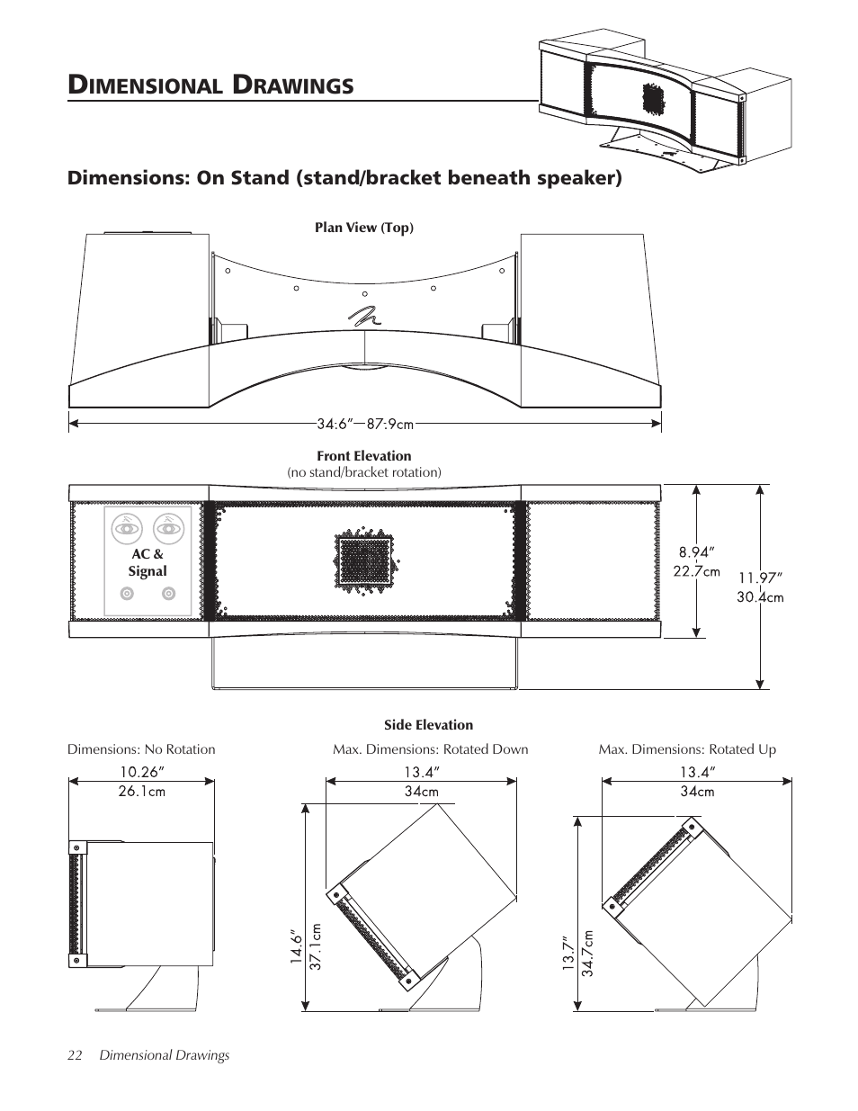 Dimensional drawings, On stand, Imensional | Rawings | MartinLogan STAGECenter Channel Speaker User Manual | Page 22 / 28