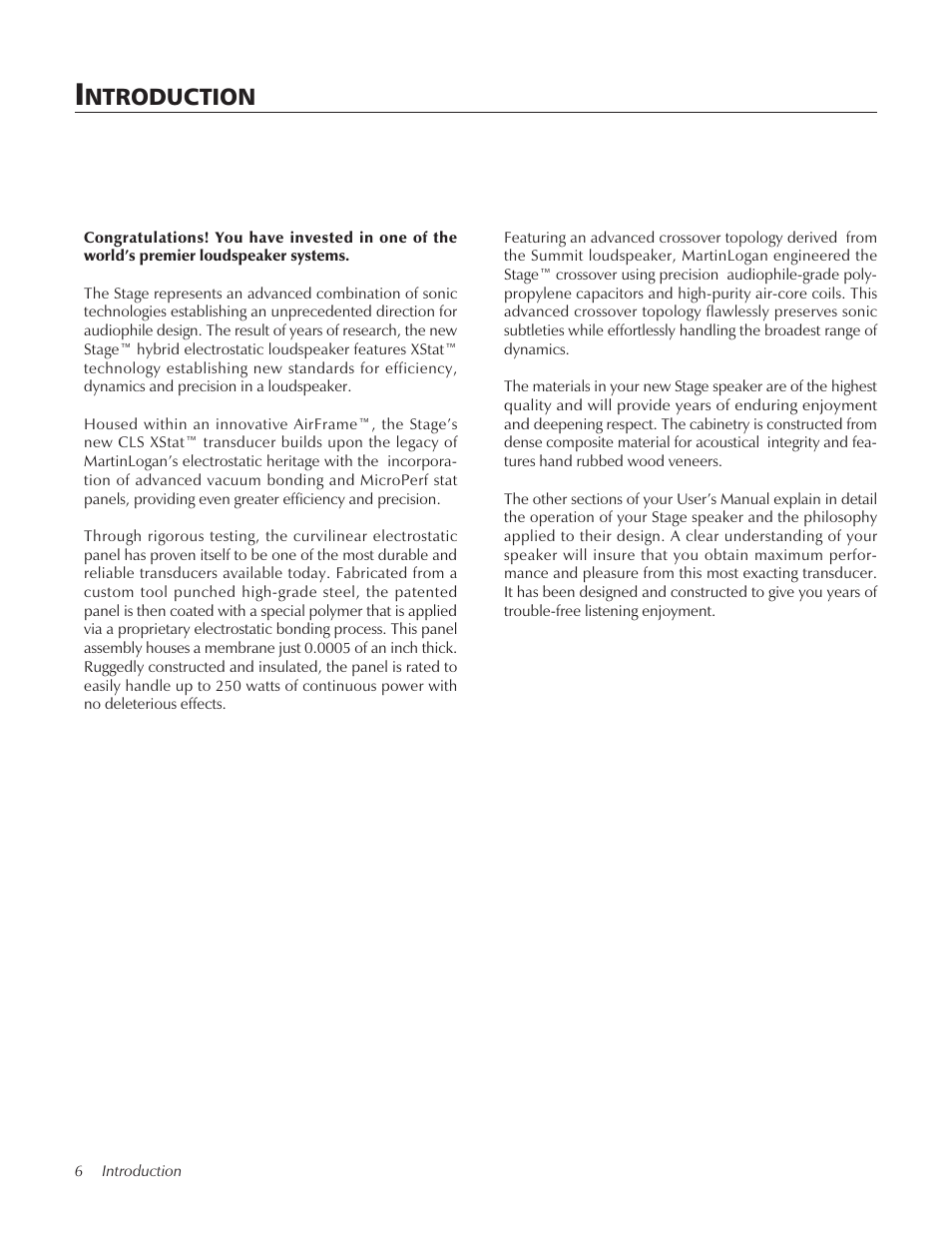 Introduction, Ntroduction | MartinLogan STAGECenter Channel Speaker User Manual | Page 6 / 28