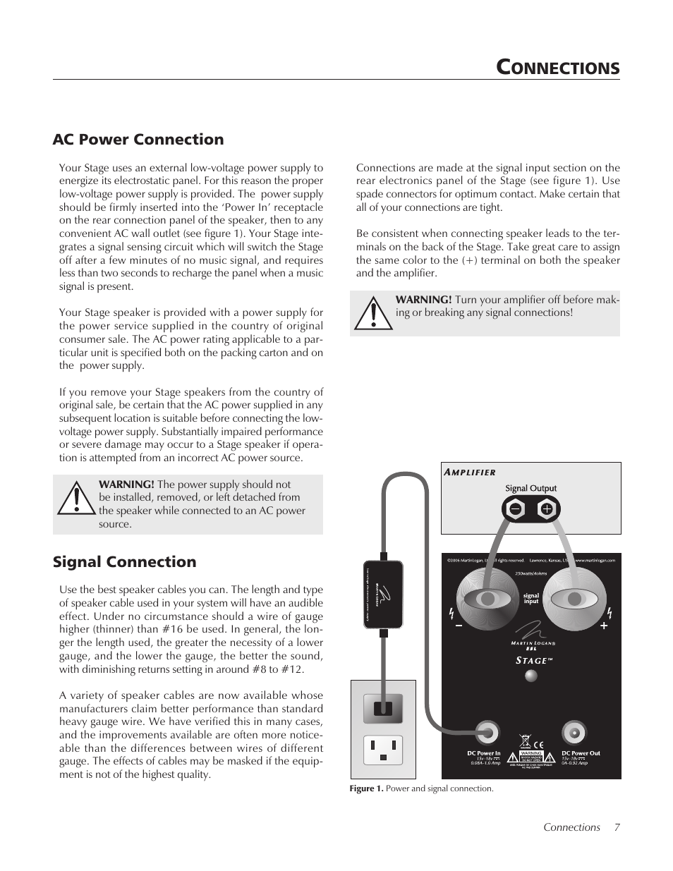 Connections, Ac power connection, Signal connection | Onnections | MartinLogan STAGECenter Channel Speaker User Manual | Page 7 / 28