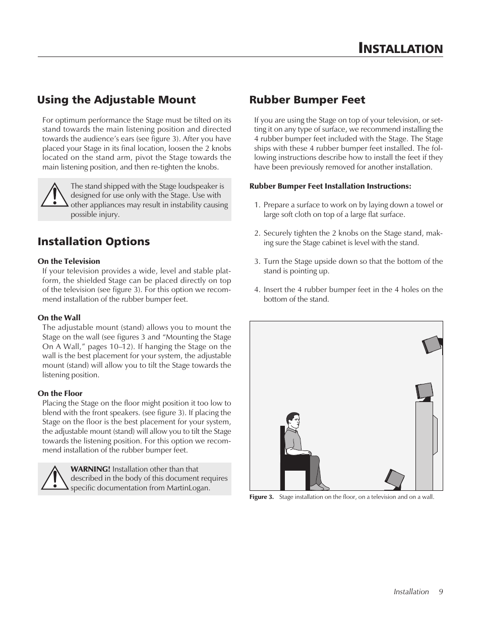 Installation, Using the adjustable mount, Installation options | Rubber bumper feet, Nstallation, Using the adjustable mount rubber bumper feet | MartinLogan STAGECenter Channel Speaker User Manual | Page 9 / 28