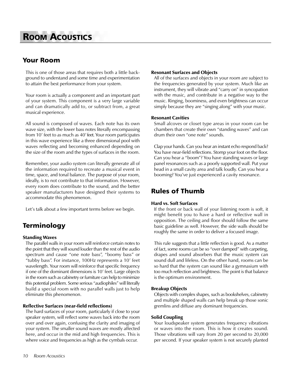 Room acoustics, Your room, Terminology | Rules of thumb, Coustics | MartinLogan Ascent LoudSpeaker User Manual | Page 10 / 28