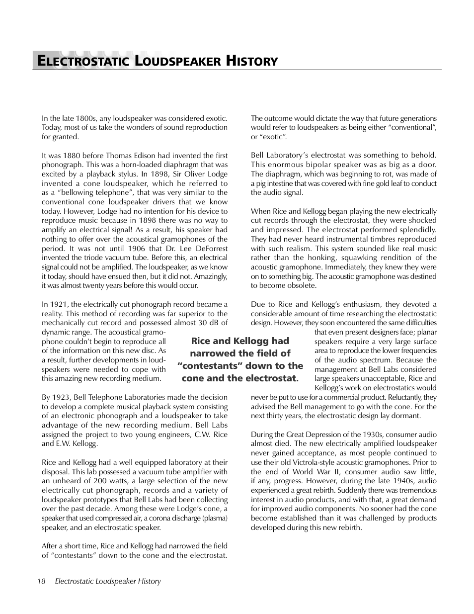 Electrostatic loudspeaker history, Lectrostatic, Oudspeaker | Istory | MartinLogan Ascent LoudSpeaker User Manual | Page 18 / 28