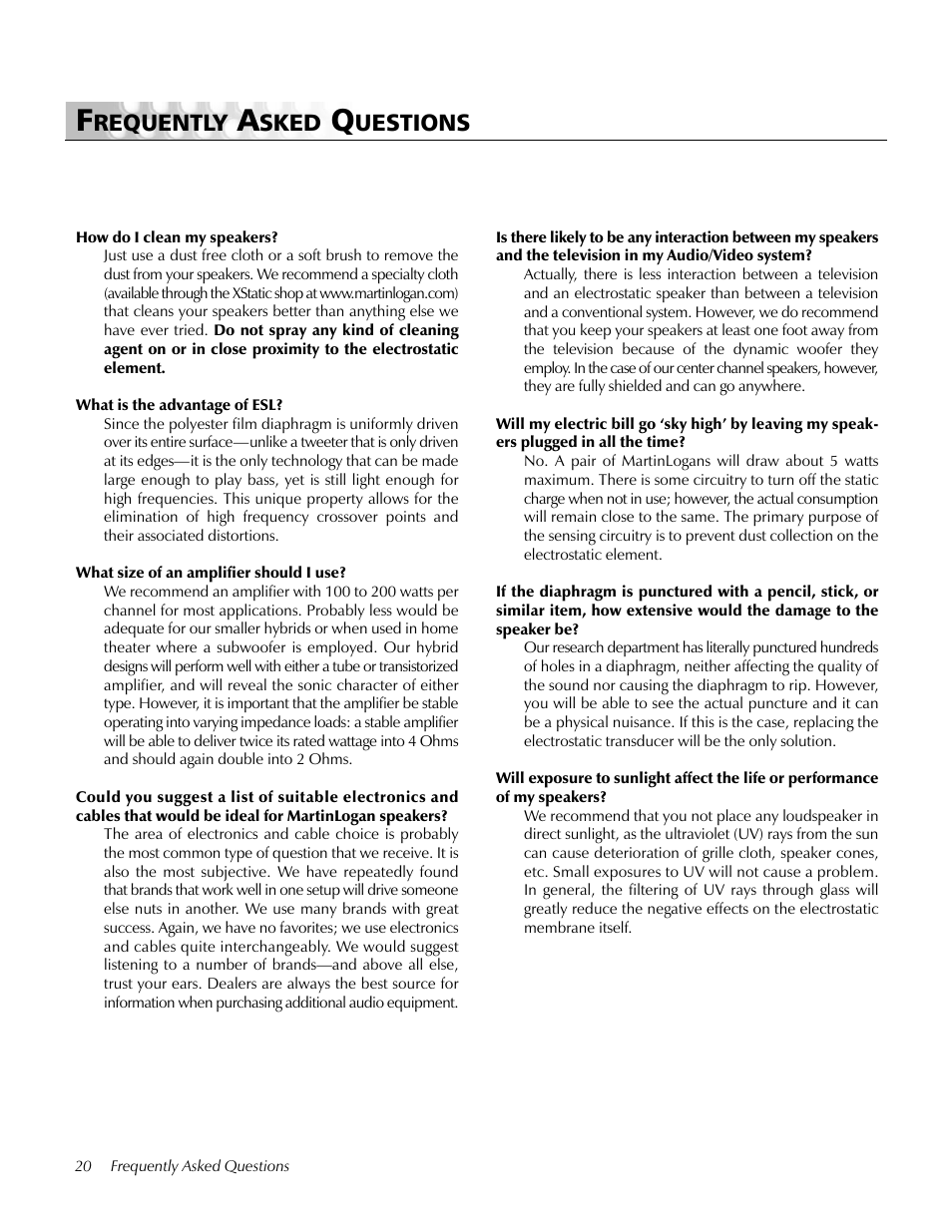 Frequently asked questions, Requently, Sked | Uestions | MartinLogan Ascent LoudSpeaker User Manual | Page 20 / 28