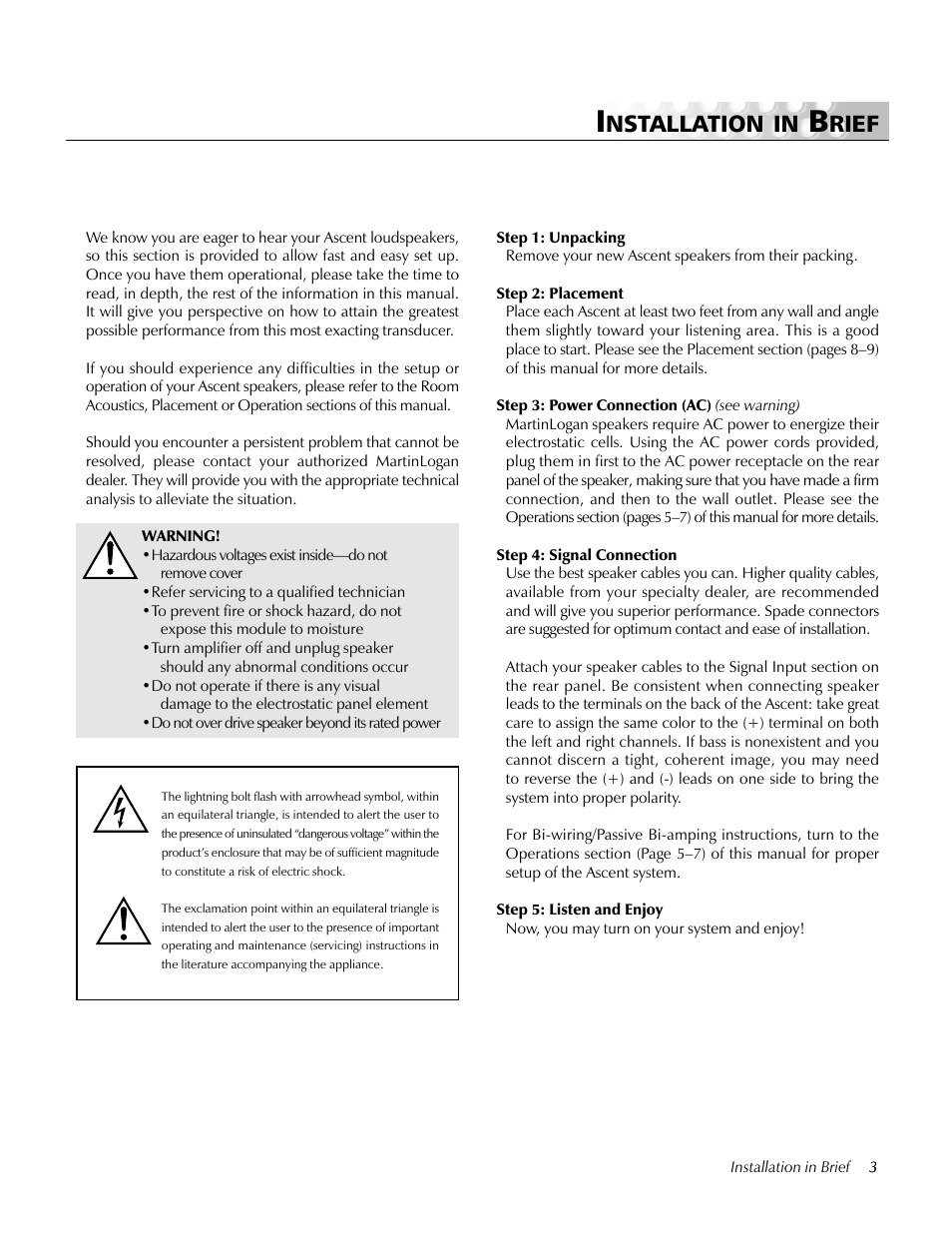 Installation in brief, Nstallation in, Rief | MartinLogan Ascent LoudSpeaker User Manual | Page 3 / 28
