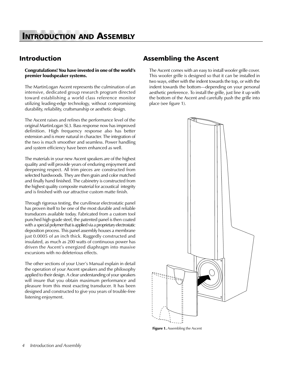 Introduction and assembly, Introduction, Assembling the ascent | Ntroduction and, Ssembly, Assembling the ascent introduction | MartinLogan Ascent LoudSpeaker User Manual | Page 4 / 28