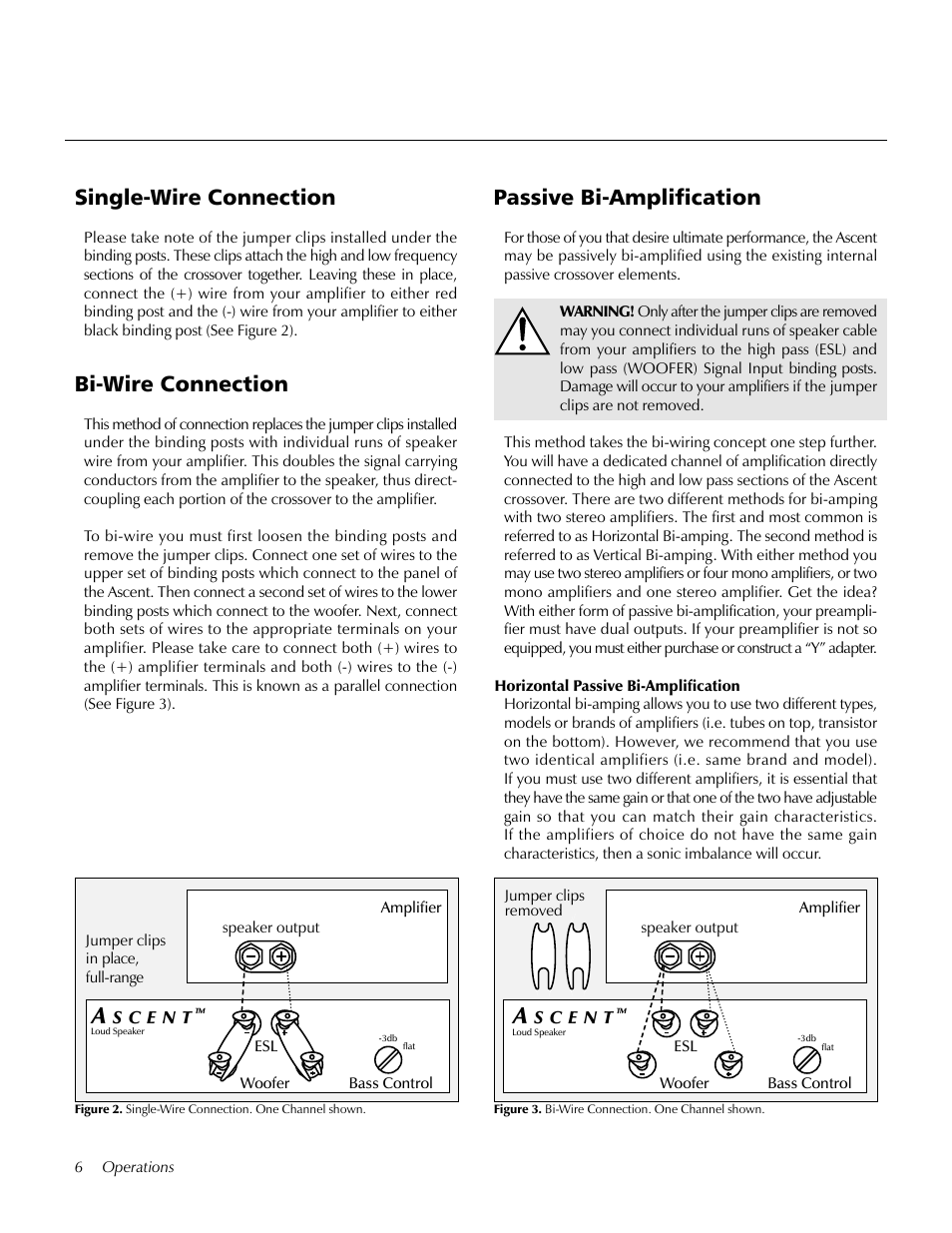 Single-wire connection, Bi-wire connection, Passive bi-amplification | MartinLogan Ascent LoudSpeaker User Manual | Page 6 / 28