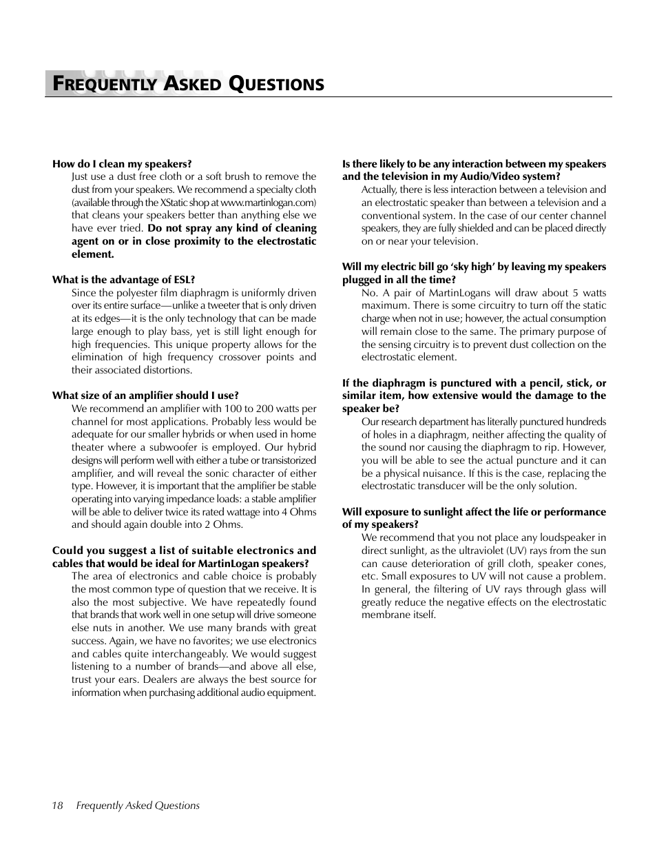 Frequently asked questions, Requently, Sked | Uestions | MartinLogan Center Channel speaker User Manual | Page 18 / 24
