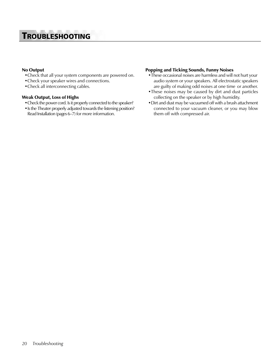 Troubleshooting, Roubleshooting | MartinLogan Center Channel speaker User Manual | Page 20 / 24