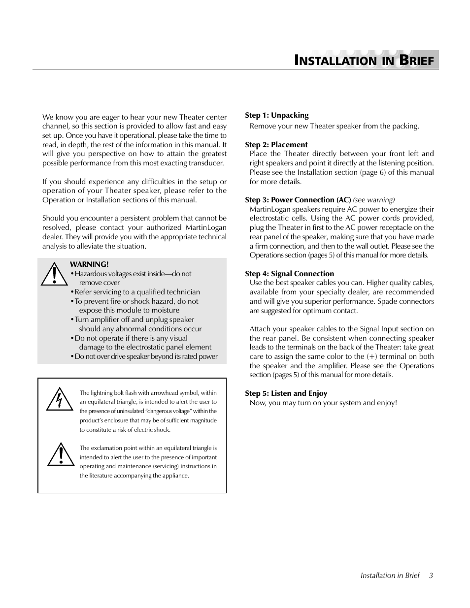 Installation in brief, Nstallation in, Rief | MartinLogan Center Channel speaker User Manual | Page 3 / 24