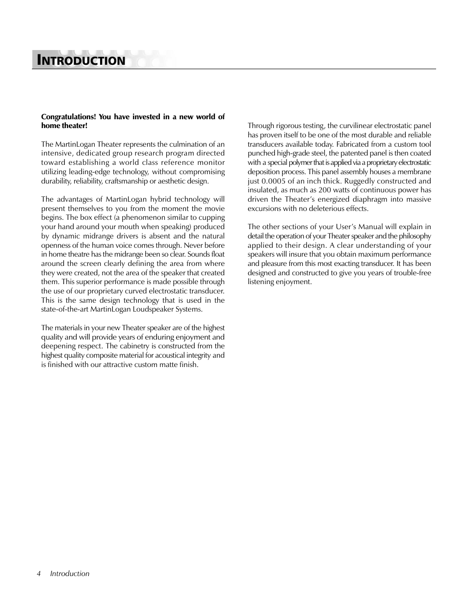 Introduction, Ntroduction | MartinLogan Center Channel speaker User Manual | Page 4 / 24
