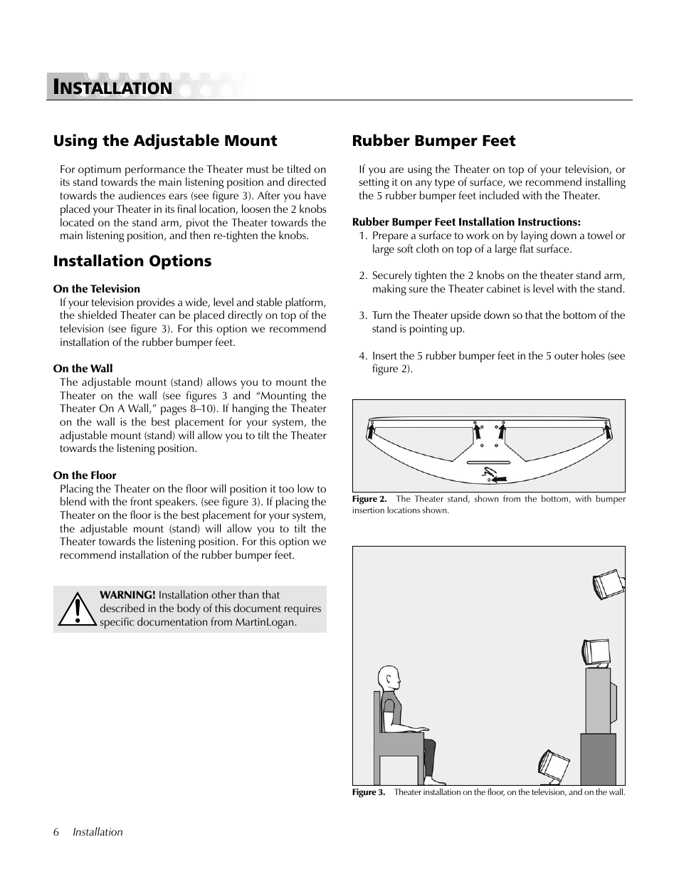 Installation, Using the adjustable mount, Installation options | Rubber bumper feet, Nstallation, Using the adjustable mount rubber bumper feet | MartinLogan Center Channel speaker User Manual | Page 6 / 24